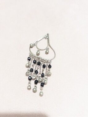 Silver-tone Teardrop Fringe Earrings with Black Beads